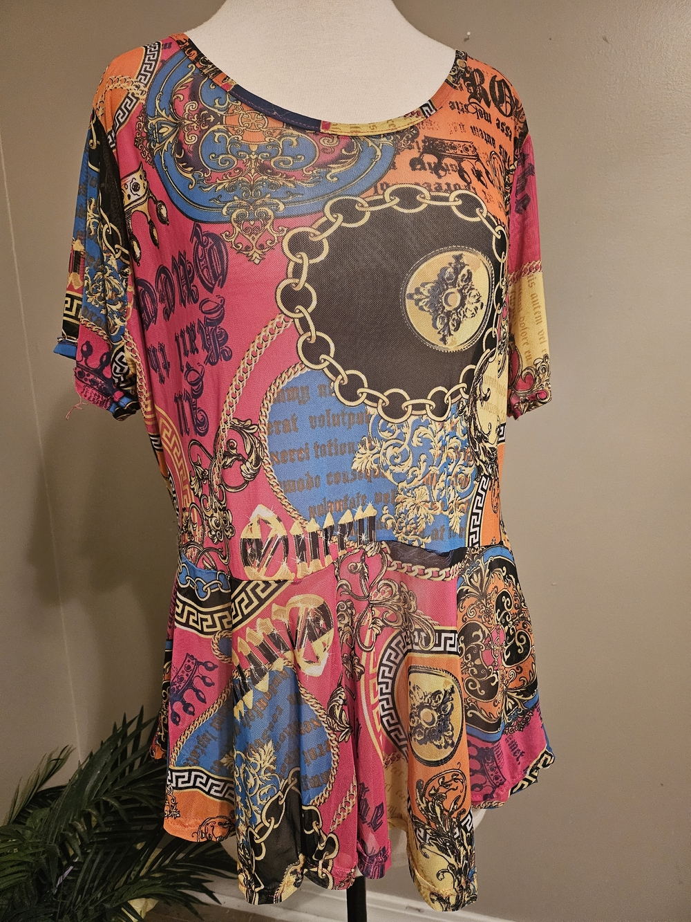 Boho Chain-Print Short Sleeve Peplum Top - Pink/Blue/Orange
